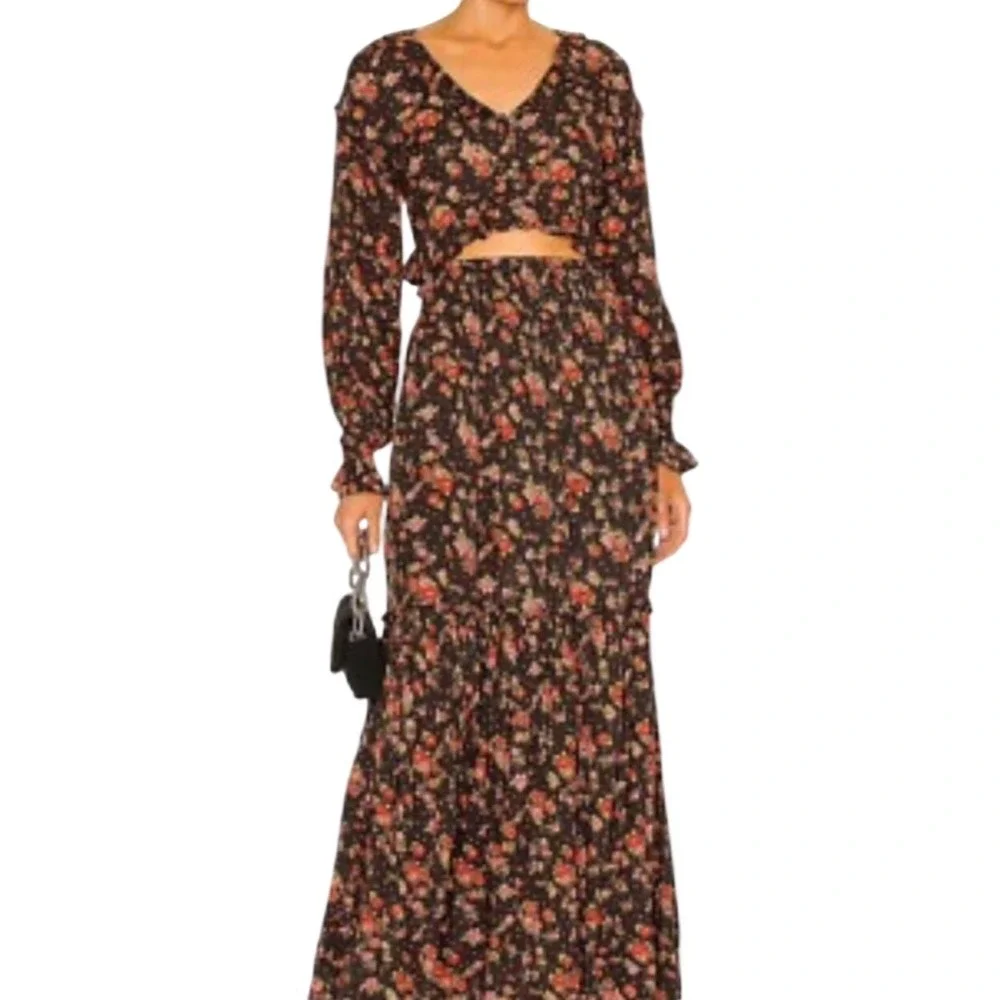 Free People Secret Garden Set Boho Black Floral Tiered Maxi Skirt Set Black S/M